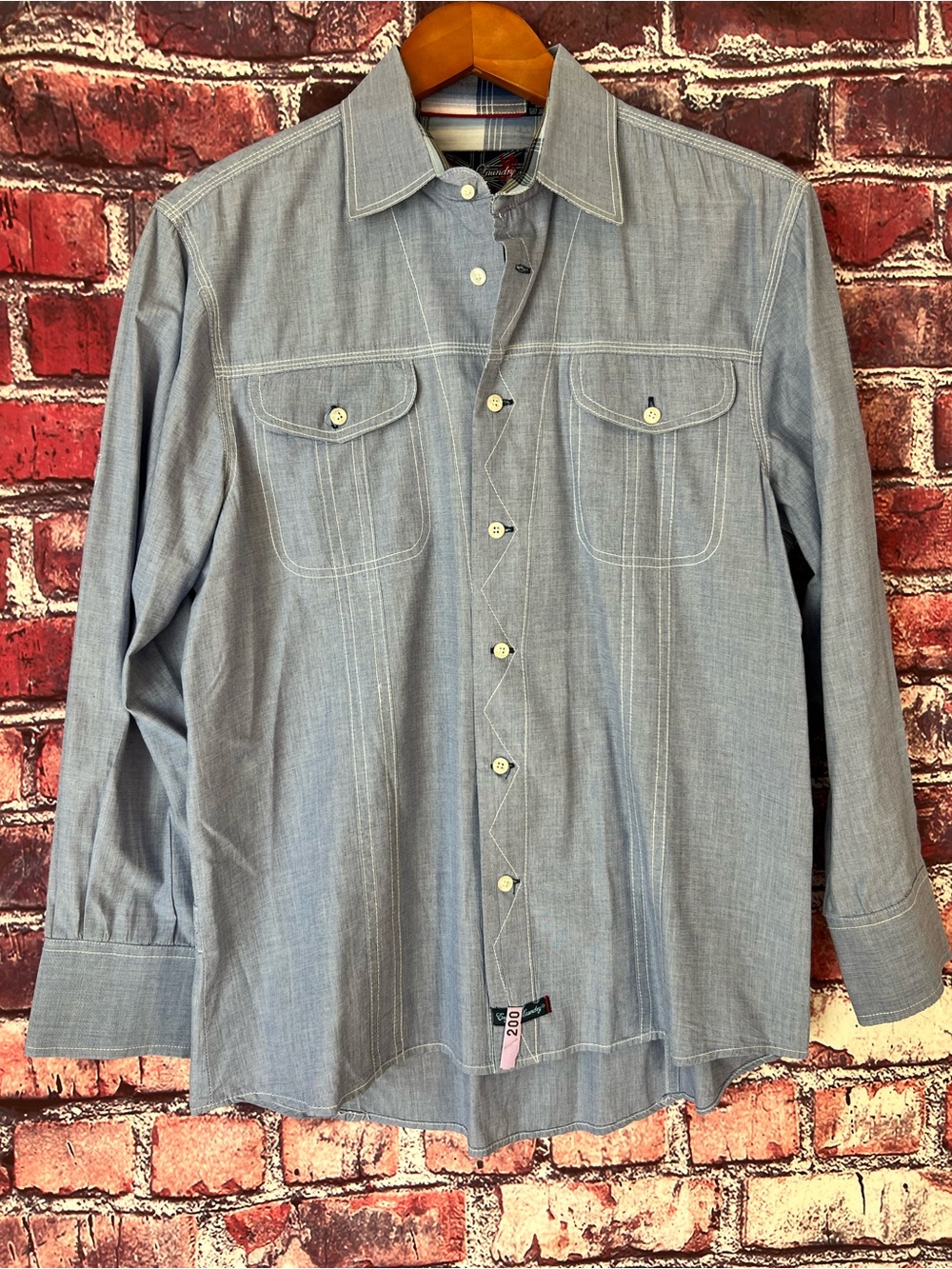 English Laundry Blue Chambray Western Guayabera Long Sleeve Shirt
